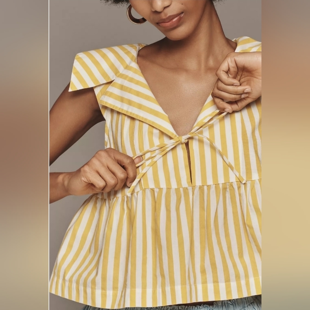 Anthropologie Maeve Babydoll Yellow Striped V-Neck Peplum Top Size XL NWOT - Picture 2 of 7